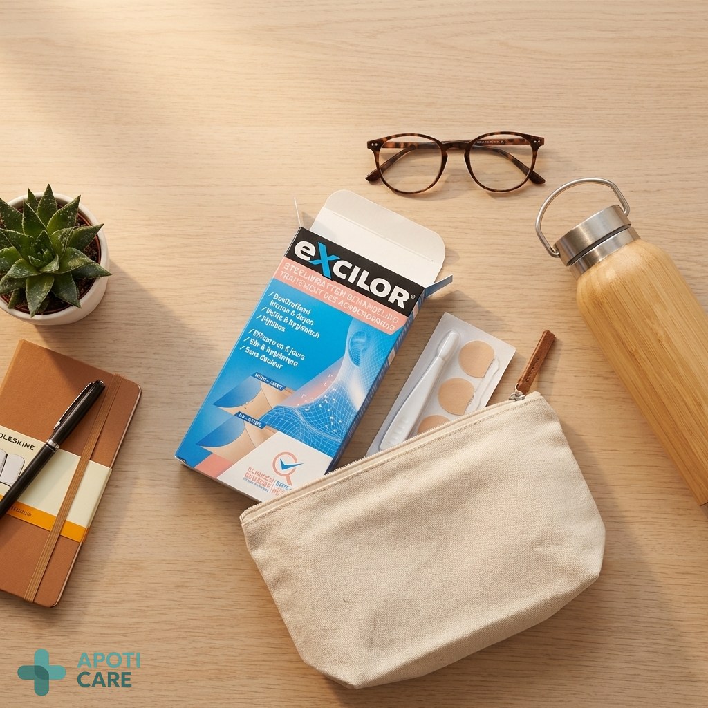 A flat lay of a minimalist travel kit or a desk with a small medical box, symbolizing health care integrated into a busy lifestyle.