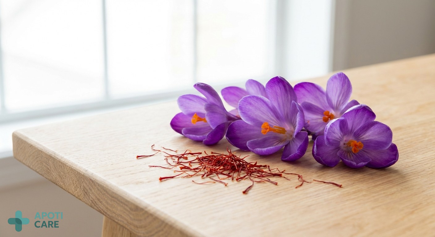 Close-up of vibrant purple Crocus sativus flowers and delicate red saffron threads on a clean wooden surface, natural and professional studio lighting