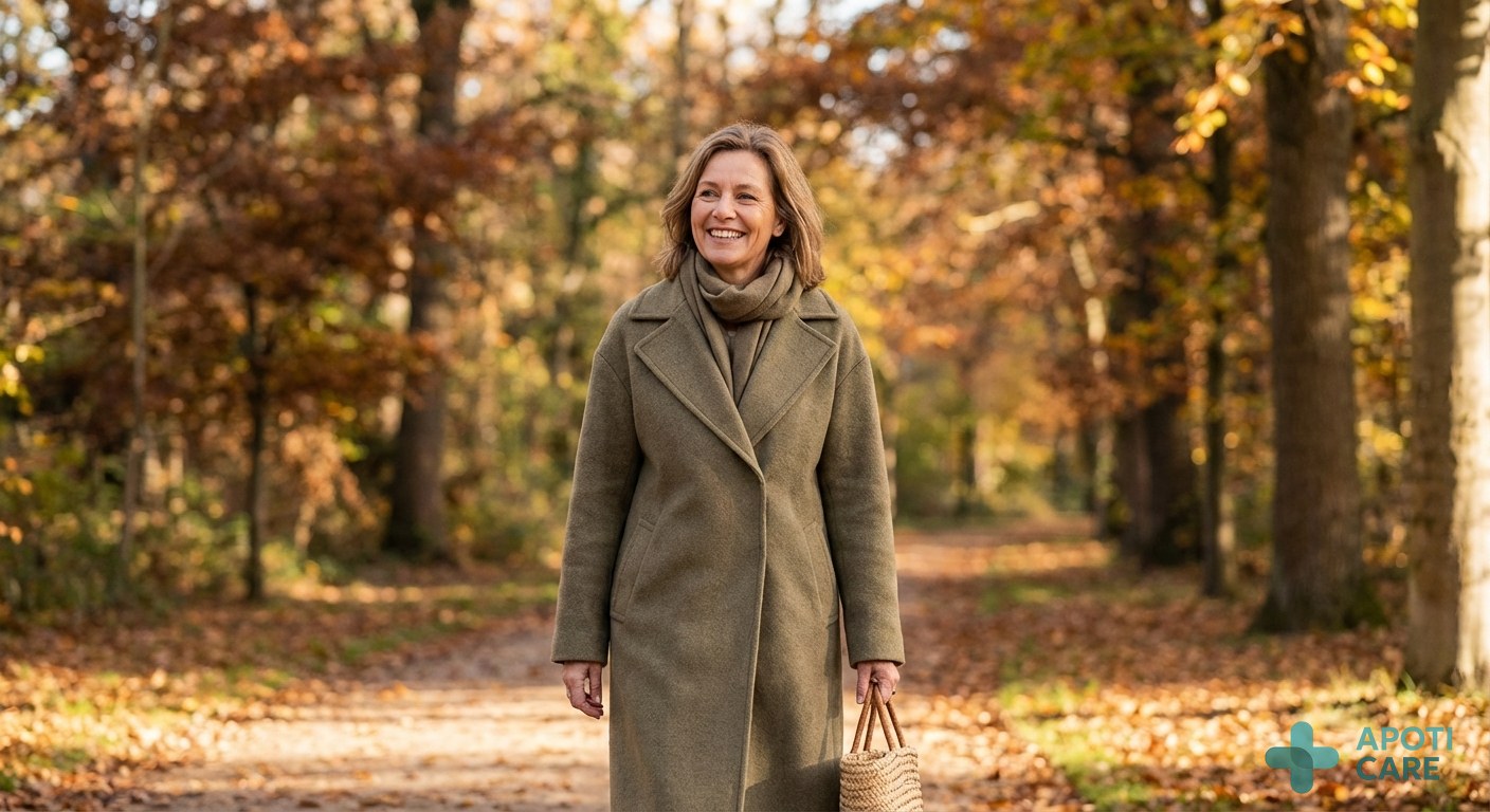 A person walking outdoors in a Belgian park during autumn, wearing a comfortable coat, smiling naturally with a sense of relief and energy, soft blurred forest background