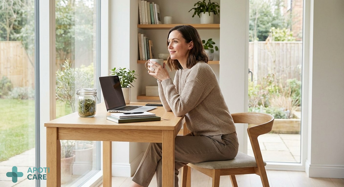 A professional person in their late 30s sitting in a bright, modern home office, looking thoughtfully out the window with a calm expression, soft natural lighting, realistic photography style