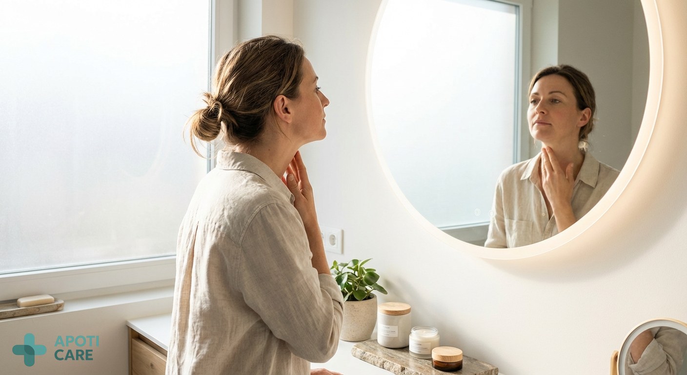 A professional person in their 30s, dressed in a light spring shirt, looking at their neck in a bathroom mirror with a serene expression. Realistic photography style, bright morning light.
