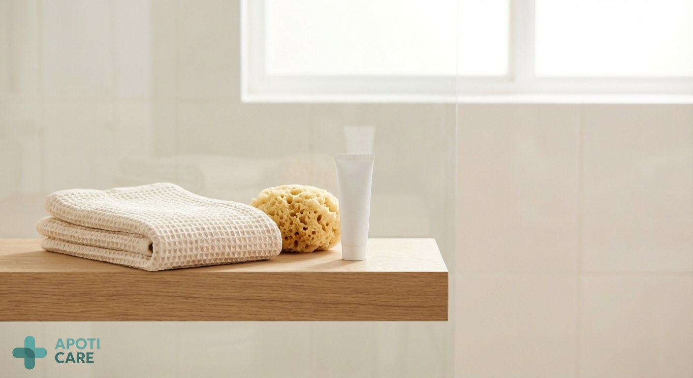 A clean, minimalist bathroom shelf with a towel, a natural sea sponge, and a small tube of dermatological cream, bright airy atmosphere, realistic photography.