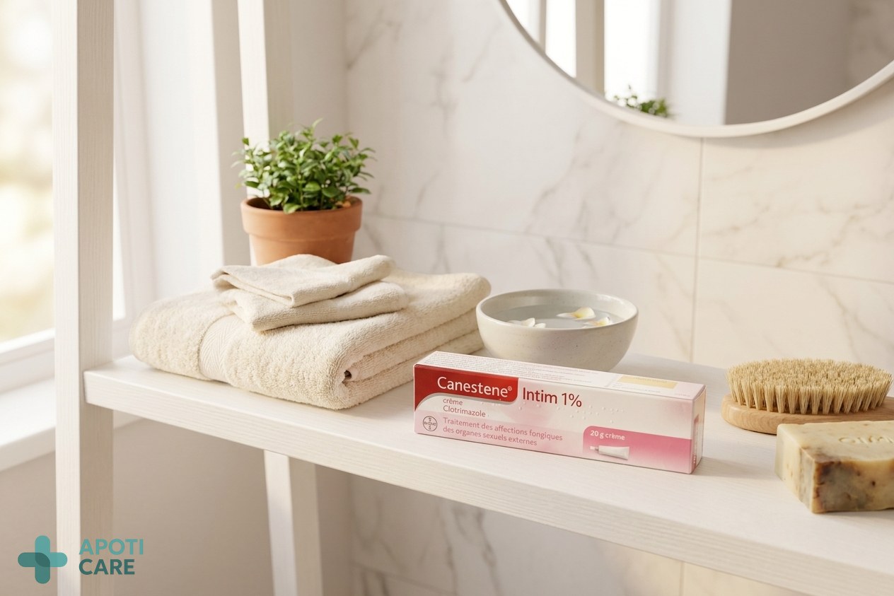 Realistic photography of a clean, minimalist bathroom shelf with soft cotton towels, a ceramic bowl of water, and a small green plant, emphasizing purity and skin care.
