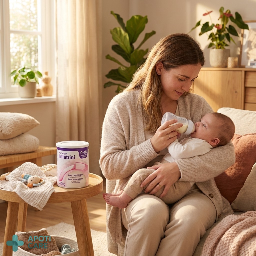 Realistic photography of a young mother gently holding her baby during a feeding session in a brightly lit, cozy living room. The focus is on the baby's calm expression, showing a peaceful moment of care. Soft colors, natural light.