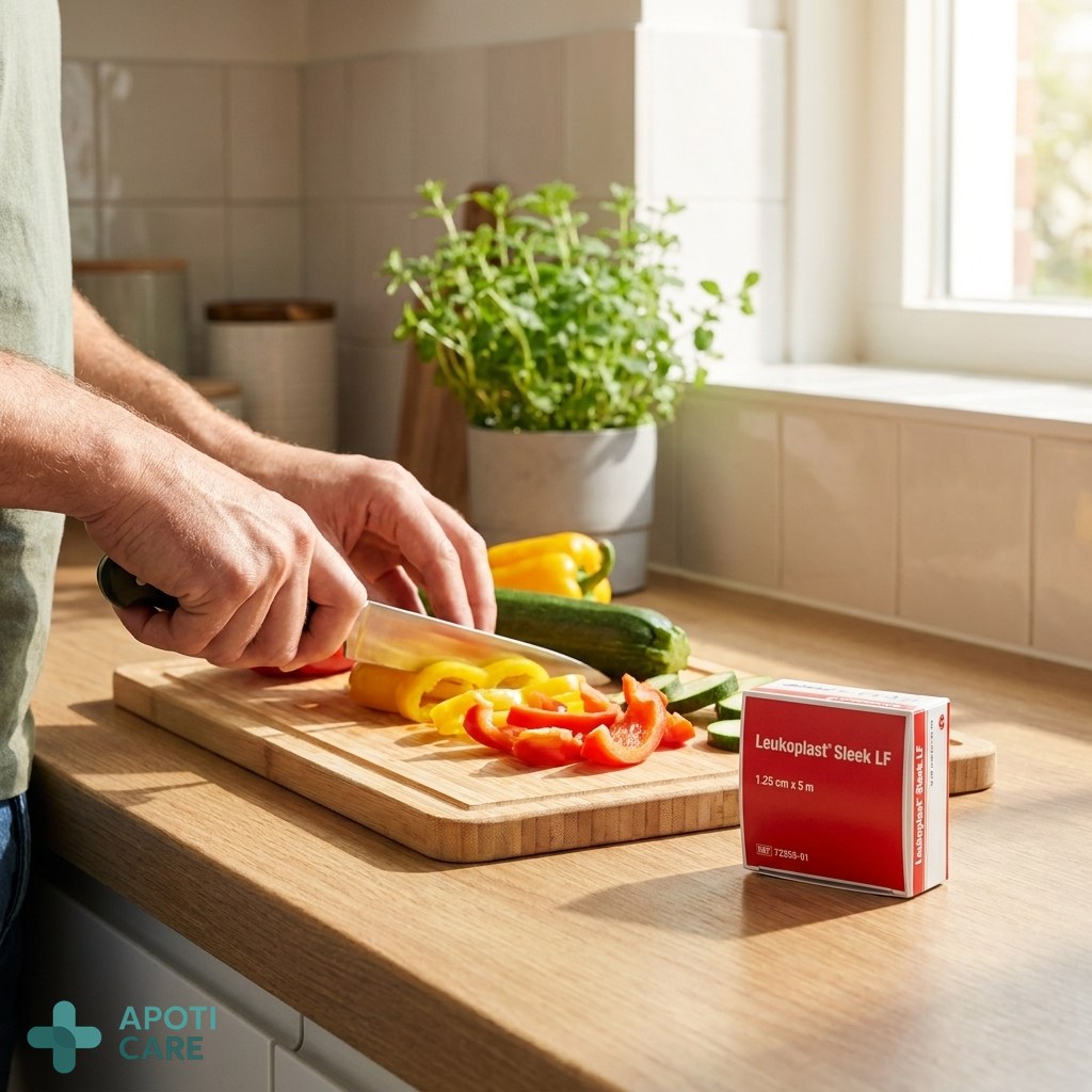 Close-up of a person's hands working in a modern kitchen, chopping vegetables, with natural light, focus on the texture of the skin and the clean environment, professional photography style.