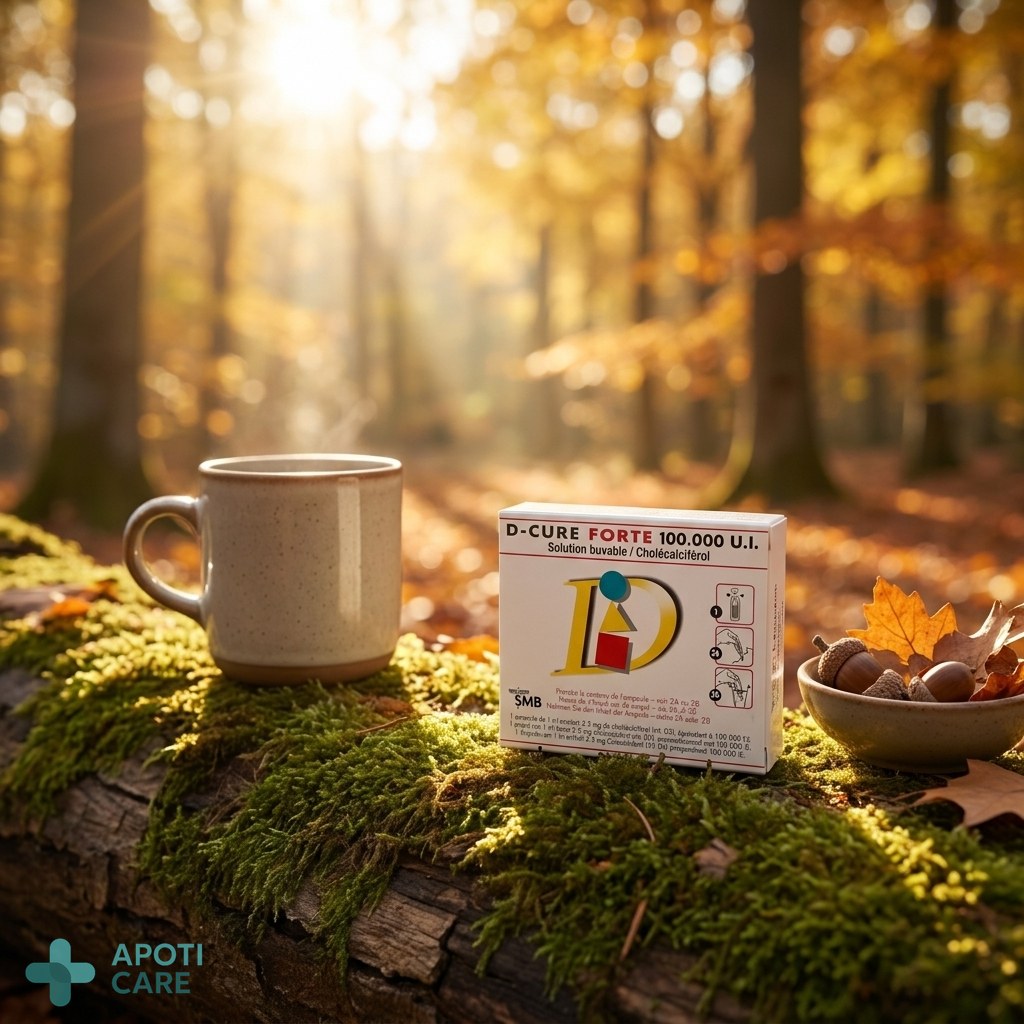 A serene view of a sunlit forest in autumn with soft morning light filtering through the trees, symbolizing natural light and wellness, realistic photography style, high resolution.
