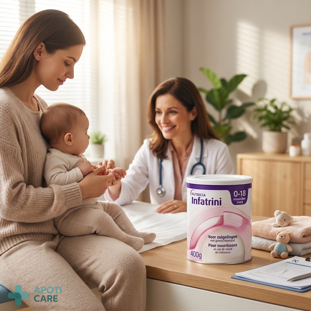 Realistic photography of a young mother gently holding her baby during a pediatric check-up, warm natural lighting, soft focus background, professional healthcare setting.