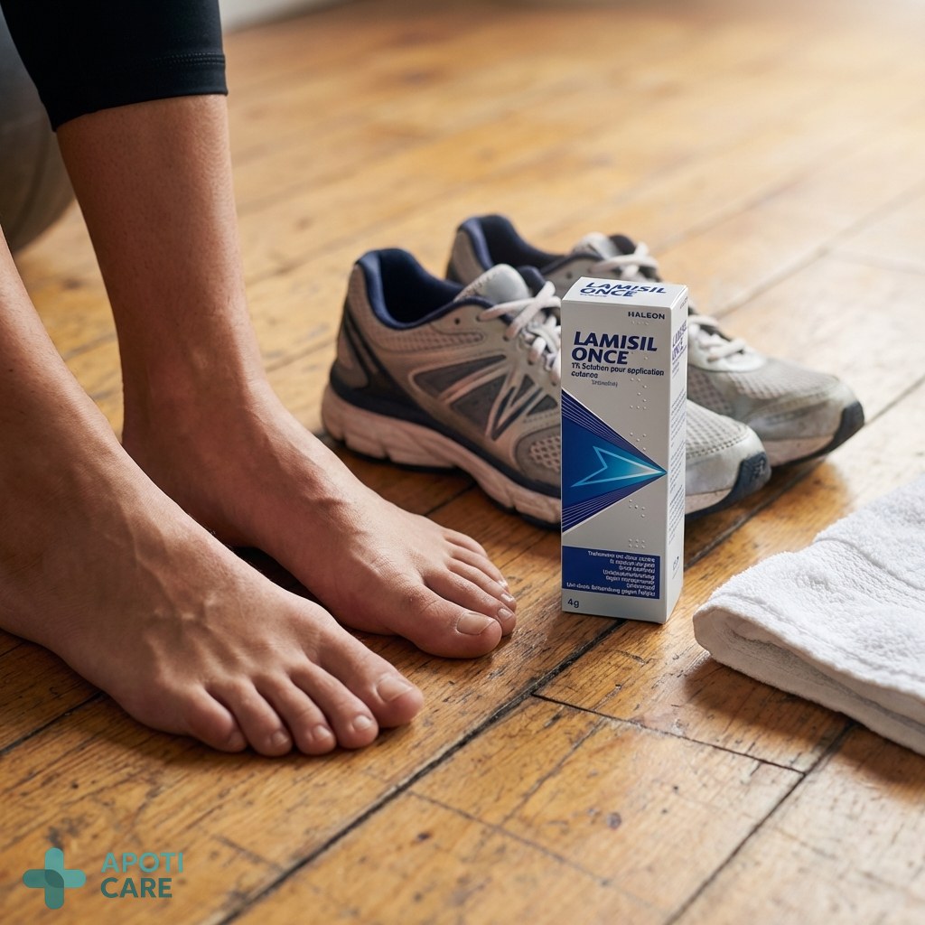 Close-up of a professional athlete's feet next to running shoes on a wooden gym floor, realistic photography style, no text, no logo