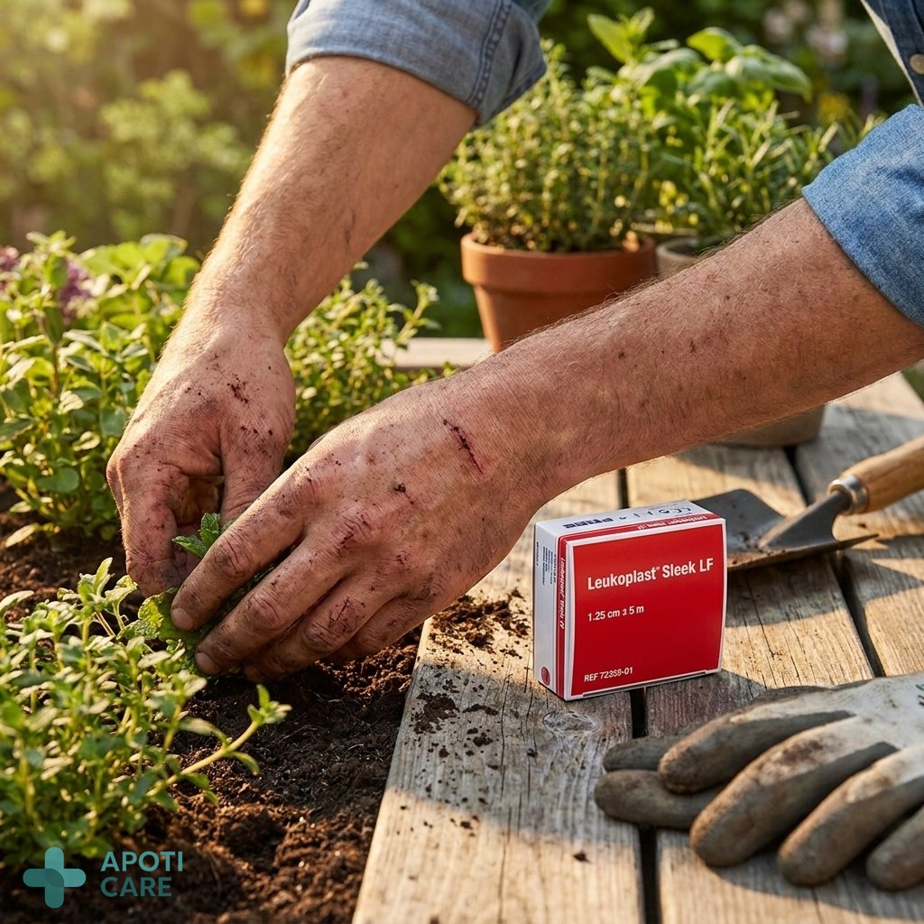 Close-up of a person's hands working in a garden with soil, showing natural skin texture and the environmental challenges the skin faces, realistic photography style, natural lighting.