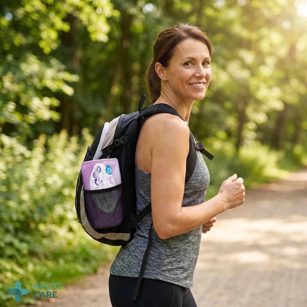 A professional and serene photograph of an active woman in her 40s jogging in a bright green park, wearing athletic clothing, looking confident and smiling.