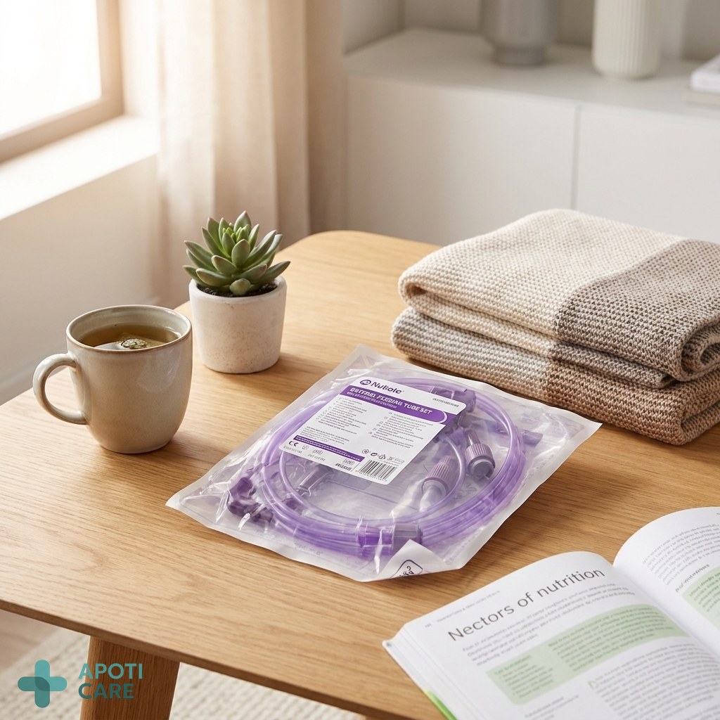 [A professional and clean macro photograph of a high-tech medical feeding tube system, focusing on the connection points and clear tubing, soft natural lighting, clinical but warm environment, no logos, no text]