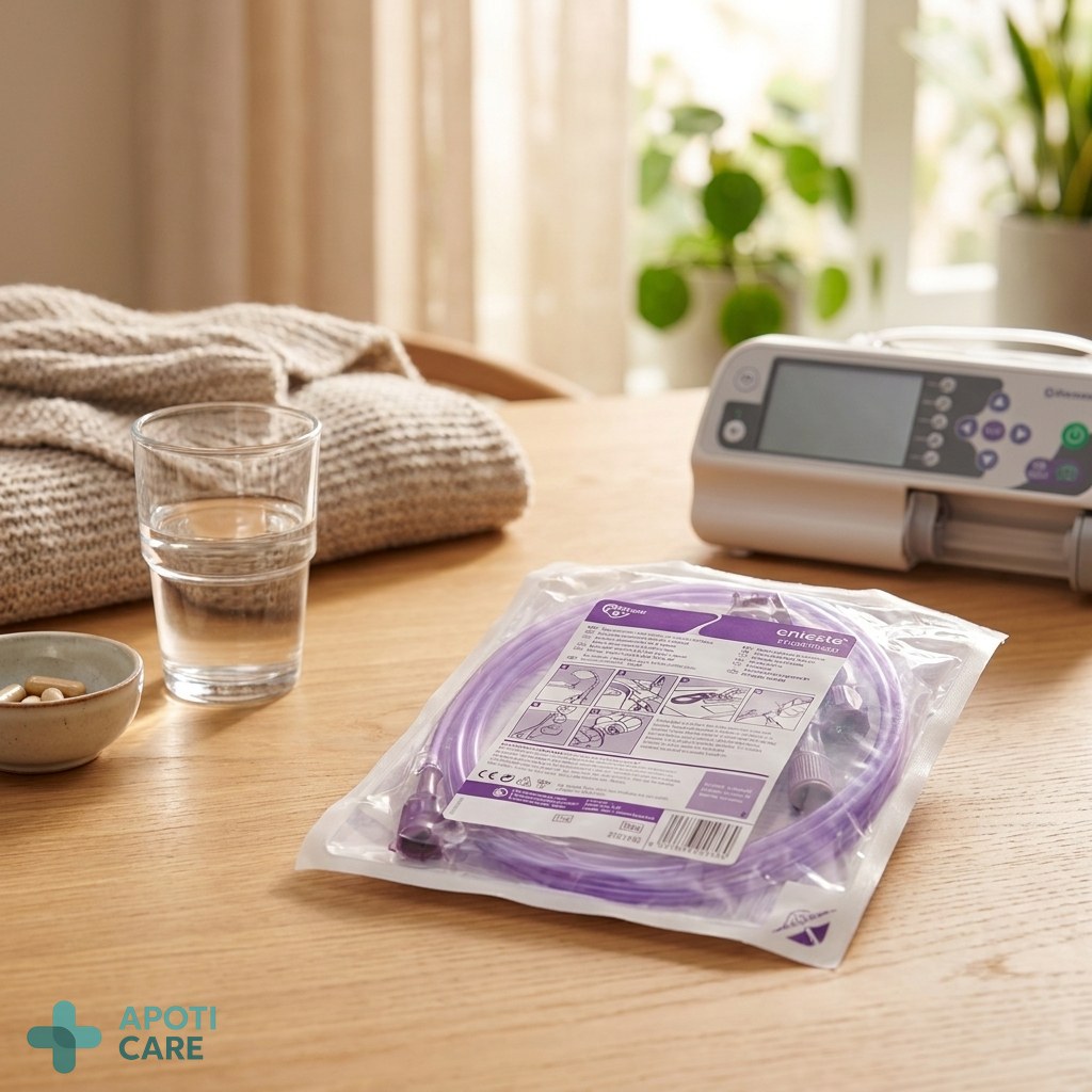 Close-up professional photography of a modern medical setup for enteral nutrition at home, featuring a clean environment, a glass of water, and a blurred medical device in the background, soft natural lighting, high-end lifestyle health feel.