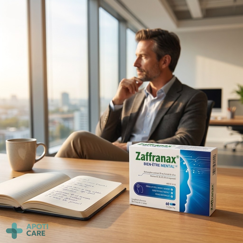A calm, focused adult professional sitting in a bright modern office, looking thoughtfully out a window with a notebook on the desk, soft natural lighting, realistic photography style.