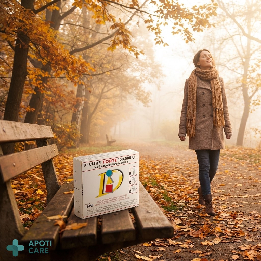 A person walking in a peaceful, misty park during autumn, wearing a warm scarf and breathing fresh air, realistic photography, natural morning light, no text.
