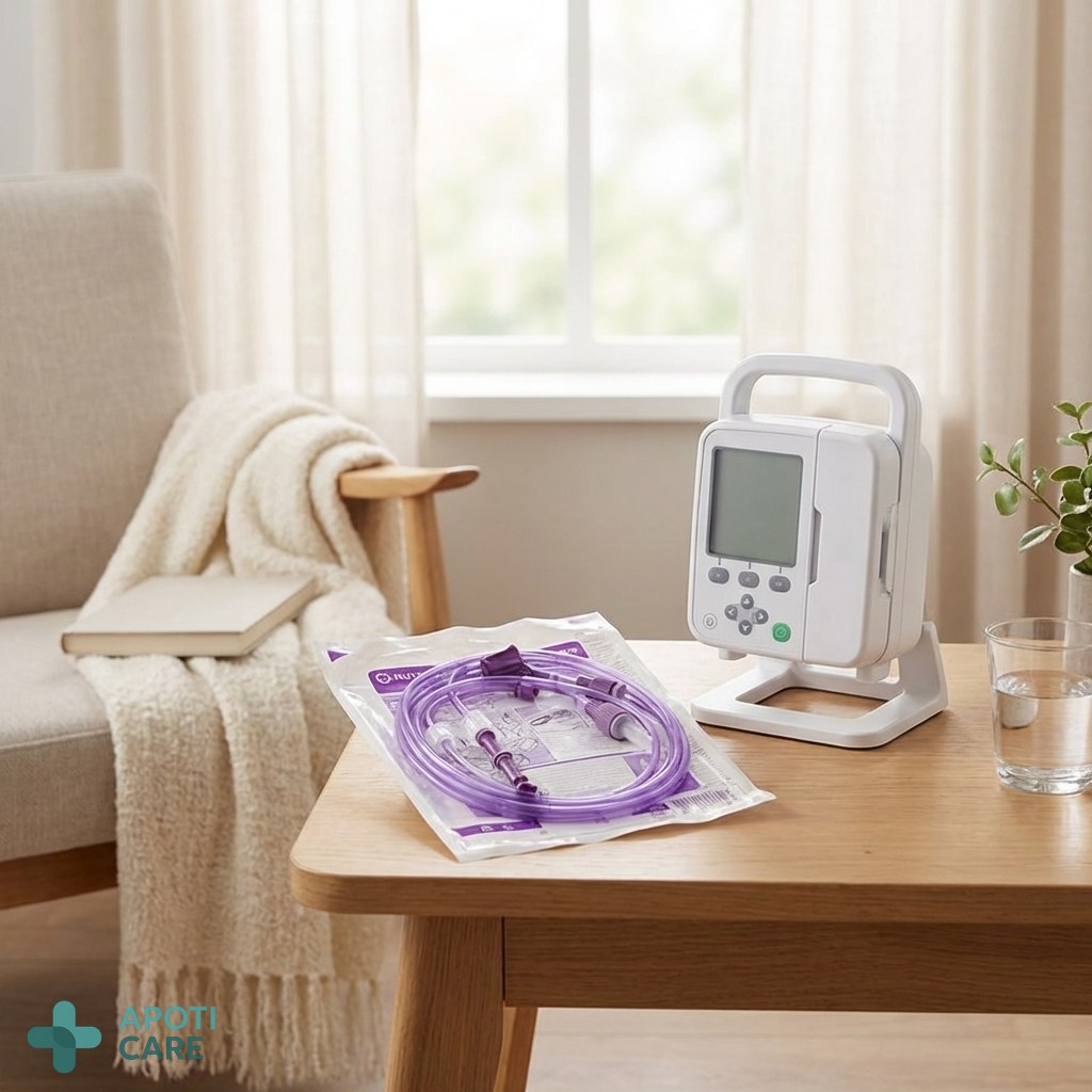 A clean, well-lit domestic medical setting showing a modern enteral feeding pump on a stand next to a comfortable chair, with soft natural light coming through a window, professional and reassuring atmosphere.