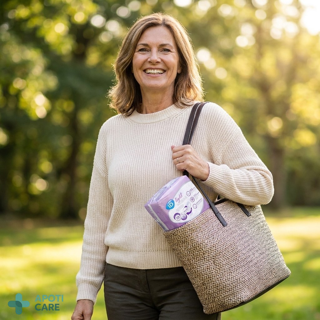 Realistic professional photography of a confident woman in her early 50s, smiling, walking in a sunny park with soft natural lighting, dressed in comfortable modern clothing, representing health and vitality.