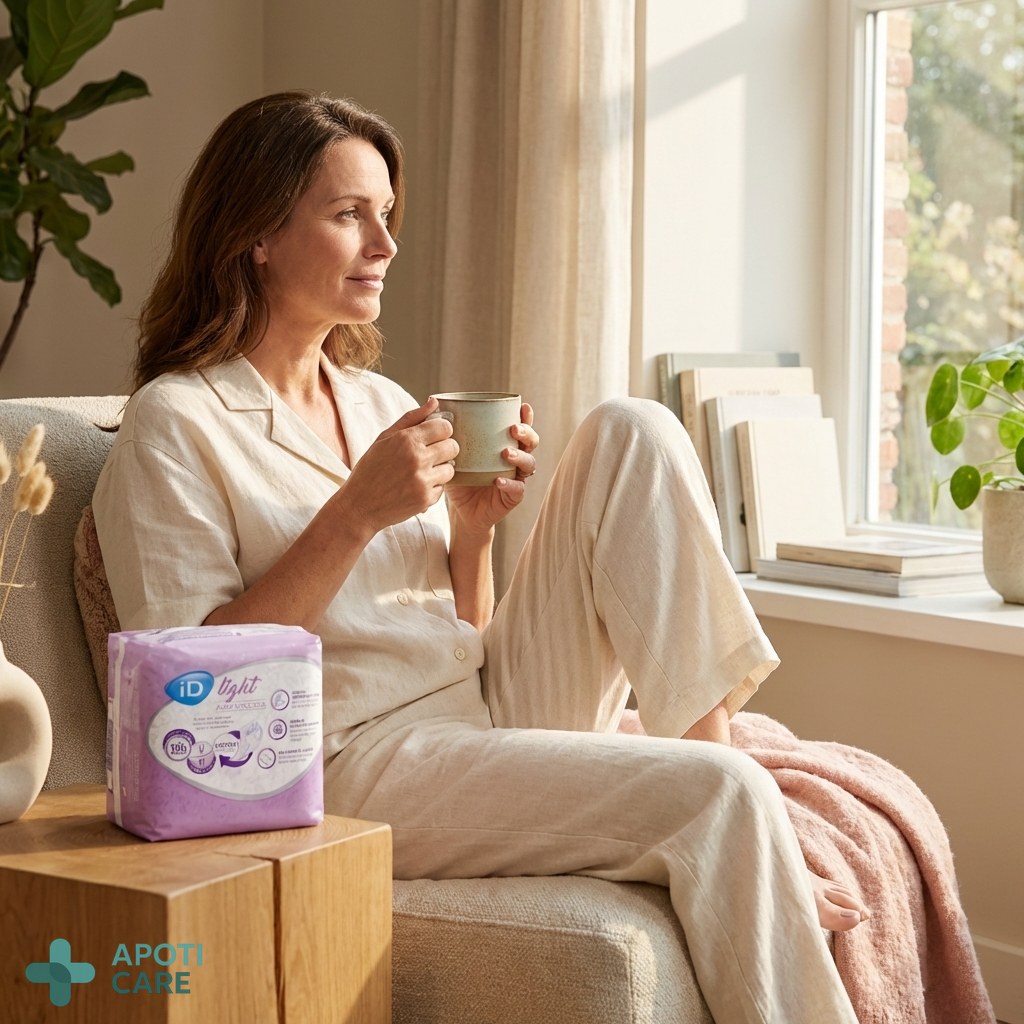 A serene woman in her late 40s or early 50s, wearing comfortable linen clothing, sitting in a sunlit living room with a cup of herbal tea, looking out a window with a peaceful expression, realistic photography style, no text, no logo