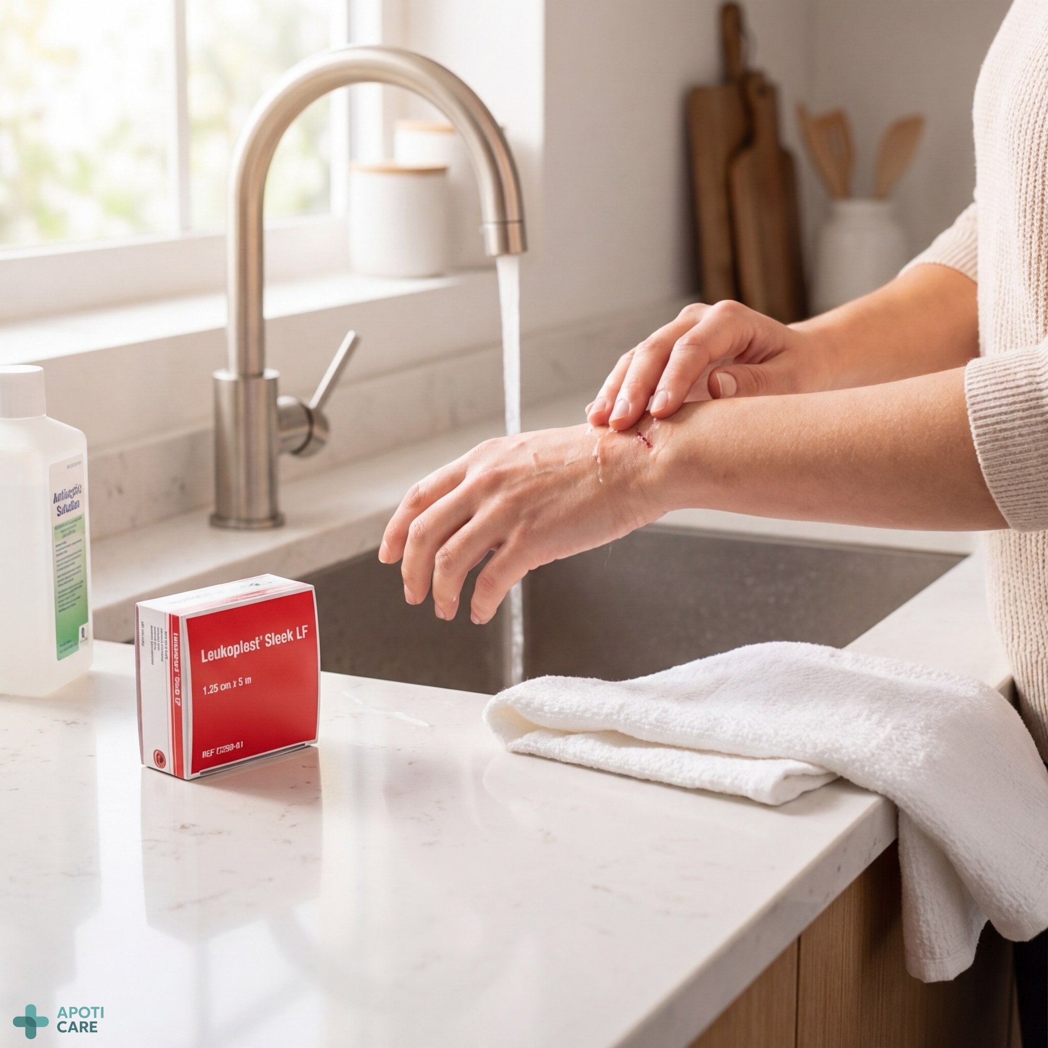 Close-up of a person's hands carefully washing a small scratch under clean running water in a bright, modern kitchen, realistic photography style, soft natural lighting.