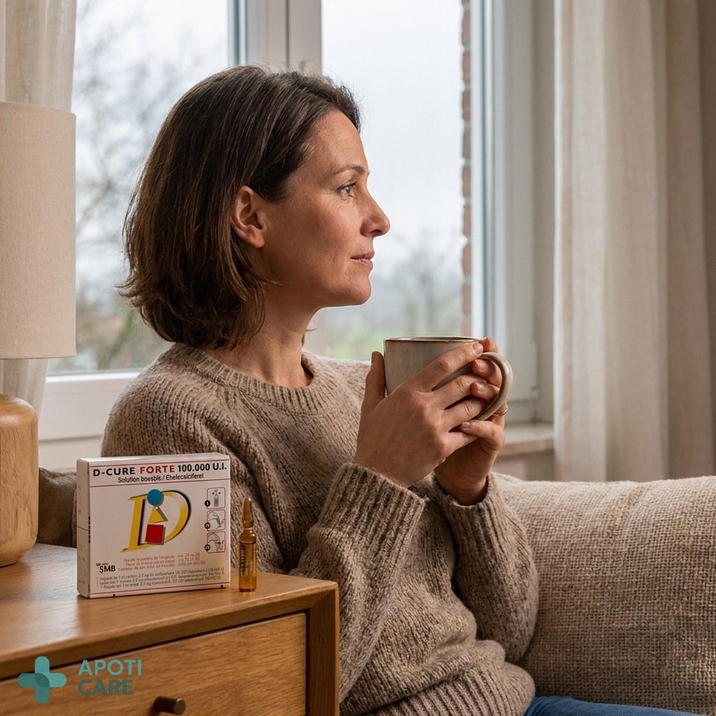 A realistic photography of a person in their 40s looking thoughtfully out of a window on a cloudy day, holding a warm mug, soft natural lighting, indoor setting, professional atmosphere.