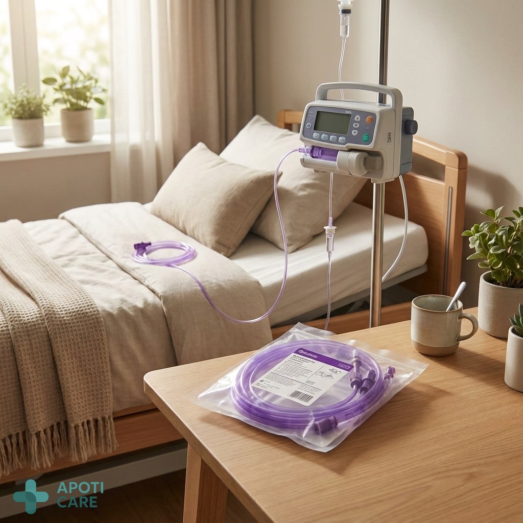 Realistic photography of a clean, modern home care setting with a medical nutrition pump on a stand near a bed, soft natural lighting, high quality, professional health environment.