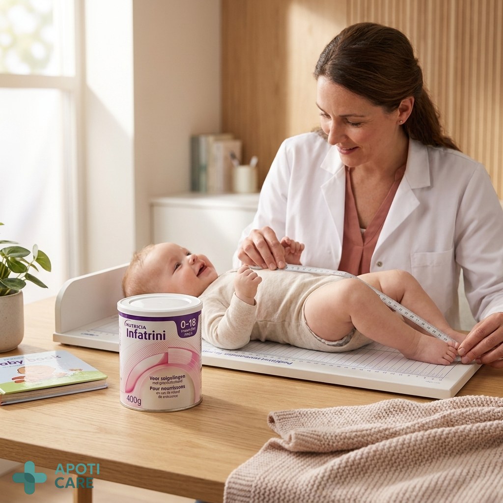 A close-up, realistic photograph of a pediatrician gently measuring a baby's height on a professional measuring board, soft natural lighting, clinical but warm atmosphere, no logos.