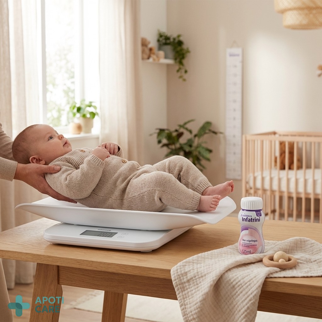 A realistic, soft-lit photography of a health professional or a parent gently weighing a healthy infant on a modern digital baby scale in a bright, warm nursery setting.