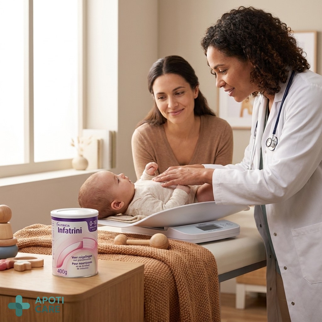 A realistic, soft-lit photography of a pediatrician gently weighing a baby on a modern digital scale, a concerned but calm parent looking on in a professional medical office.