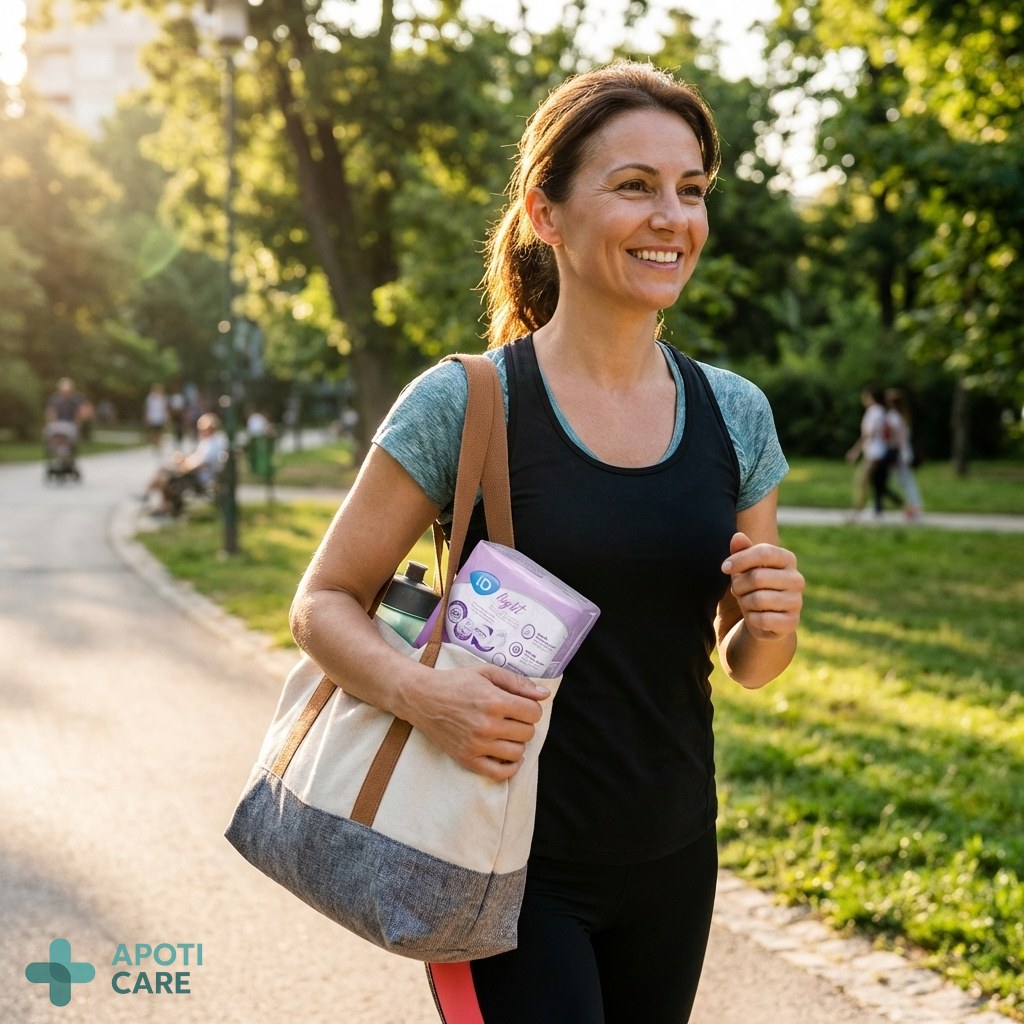 Realistic photography of a professional woman in her 40s jogging in a sunny urban park, looking confident and comfortable, natural morning light, high resolution.