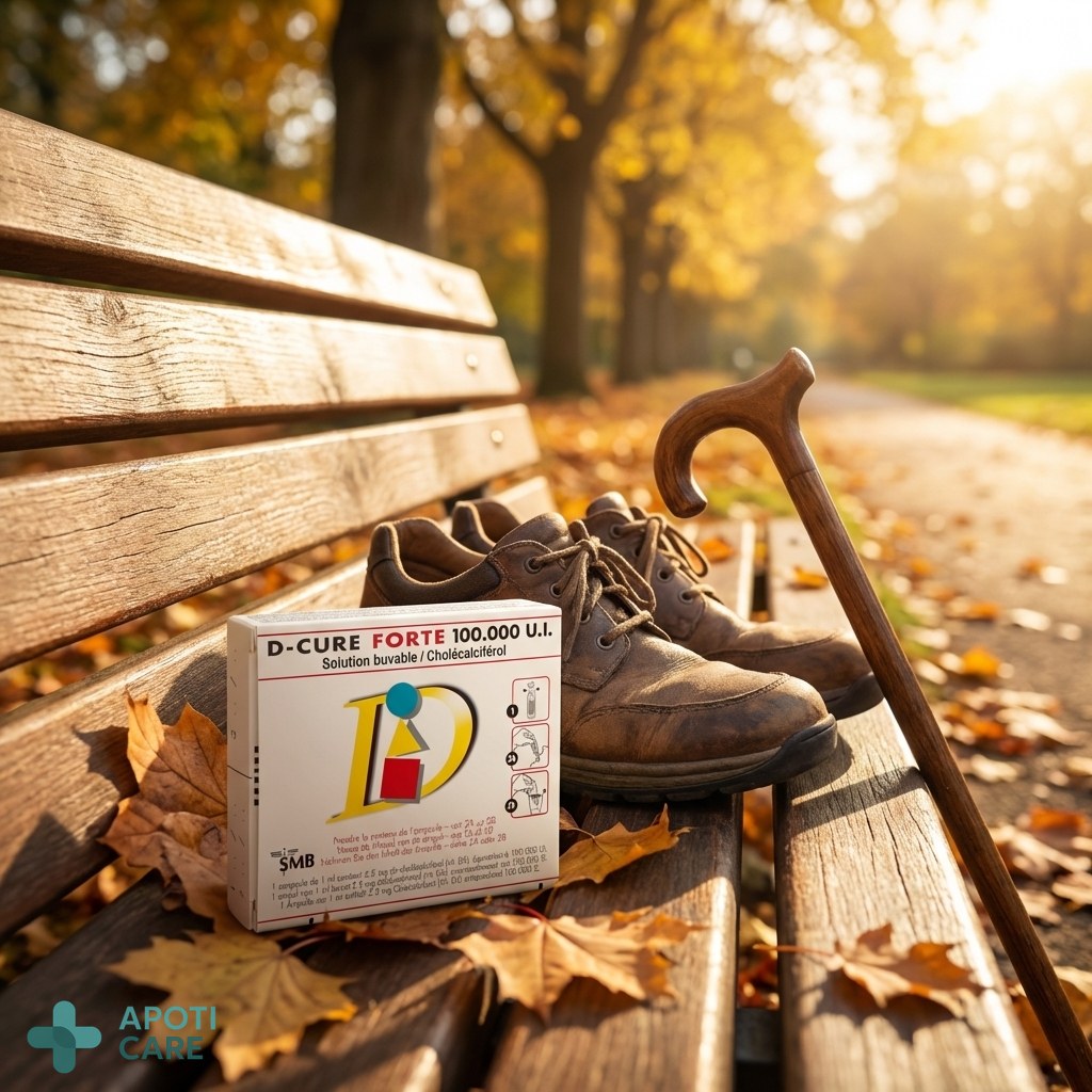 A pair of walking shoes and a wooden walking stick leaning against a park bench during a sunny autumn morning, realistic photography style, no text, no logo