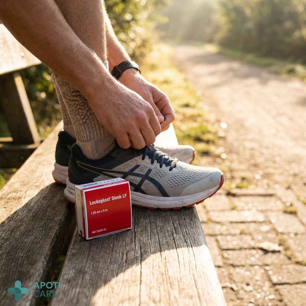 Realistic high-angle photography of a person tying technical running shoes on a wooden bench, focus on the hands and the texture of the socks, natural morning light, outdoor setting, professional sports photography style.