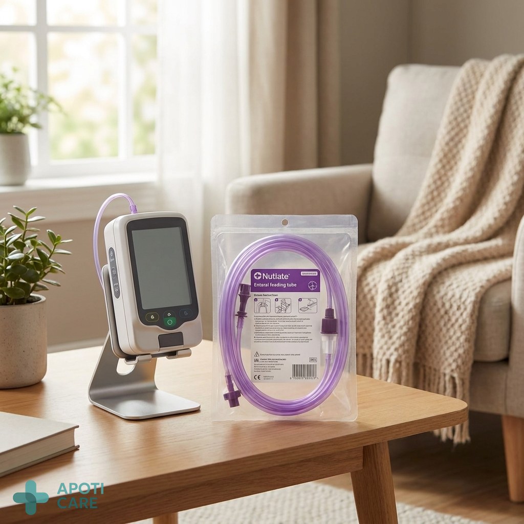 [A professional and clean home healthcare setting, showing a modern enteral feeding pump on a stand next to a comfortable armchair, soft natural light, focus on medical precision and comfort]