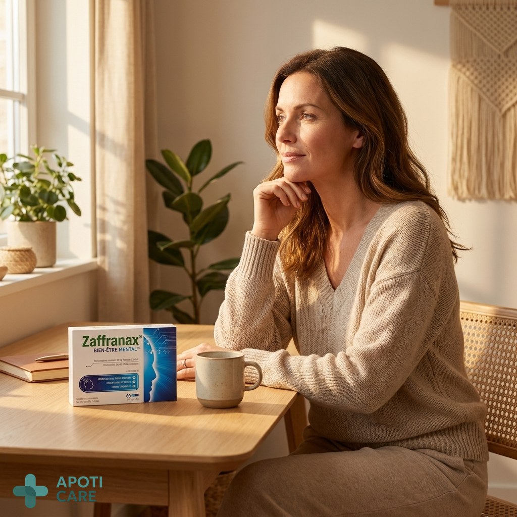 Realistic photography of a professional man or woman in their 40s sitting at a clean wooden desk, looking out a window with a soft, thoughtful expression, warm natural sunlight, peaceful atmosphere, high quality, lifestyle health style.