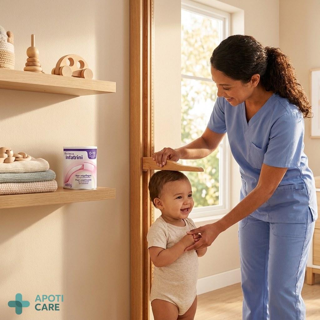 A realistic, bright, and soft photography of a pediatrician gently measuring a baby's height on a professional wooden stadiometer in a modern medical office. The baby is smiling, and the atmosphere is reassuring. No text, no logos.