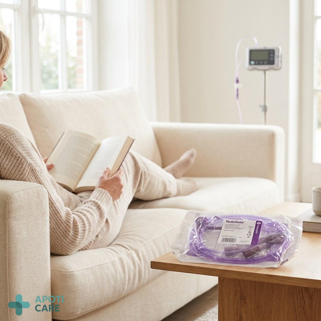 A serene and brightly lit living room where an adult is resting comfortably on a sofa with a book, showing a subtle and modern medical nutrition pump on a discrete stand in the background, soft natural lighting, realistic photography style.