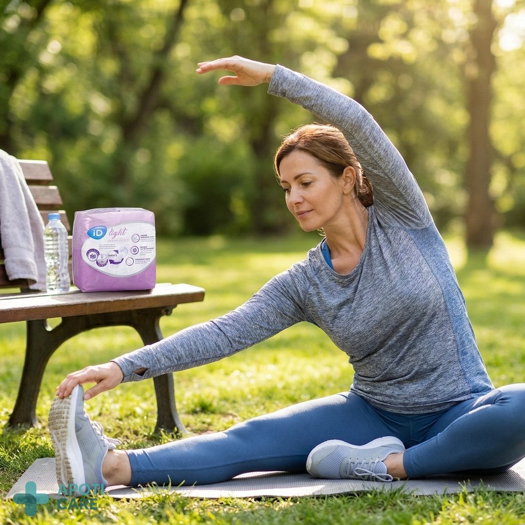 A professional and serene photograph of a woman in her 40s exercising outdoors, wearing comfortable sportswear, reflecting a healthy and active lifestyle, natural lighting, high resolution.