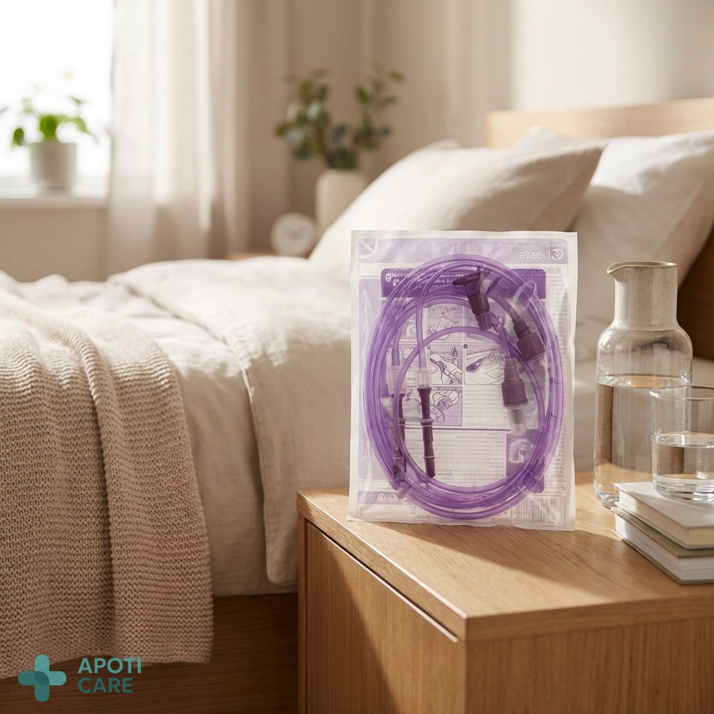 Realistic photography of a clean, bright home care environment with a focus on a precise medical device setup near a comfortable bed, professional and reassuring atmosphere.