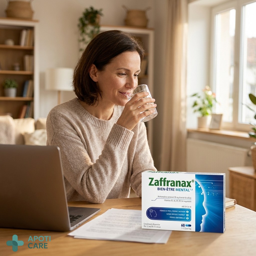 A realistic photography of a focused professional person in their 40s, sitting in a bright modern office or home workspace, looking calm and drinking a glass of water, with soft natural light and a blurred background.
