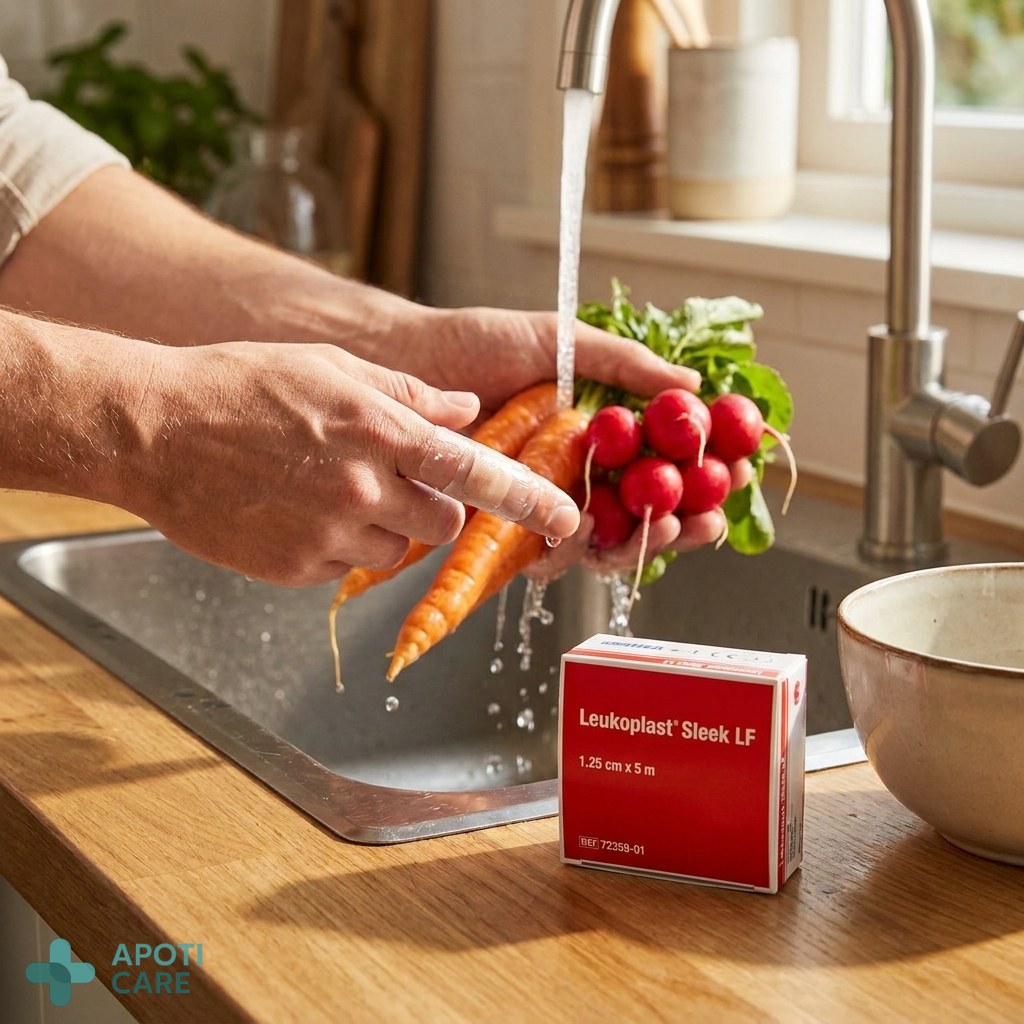 Realistic photography of a person's hand with a small, clean bandage on a finger, while the person is washing vegetables under a stream of water, focused on the water droplets sliding off the protective tape.