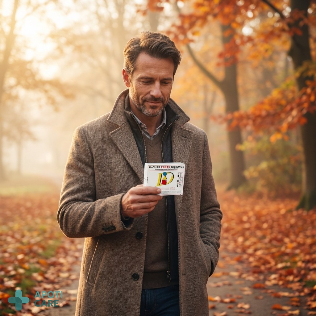 Realistic photography of a professional man in his 40s walking in a misty park in autumn, wearing a warm coat, looking healthy but reflective, soft natural morning light.