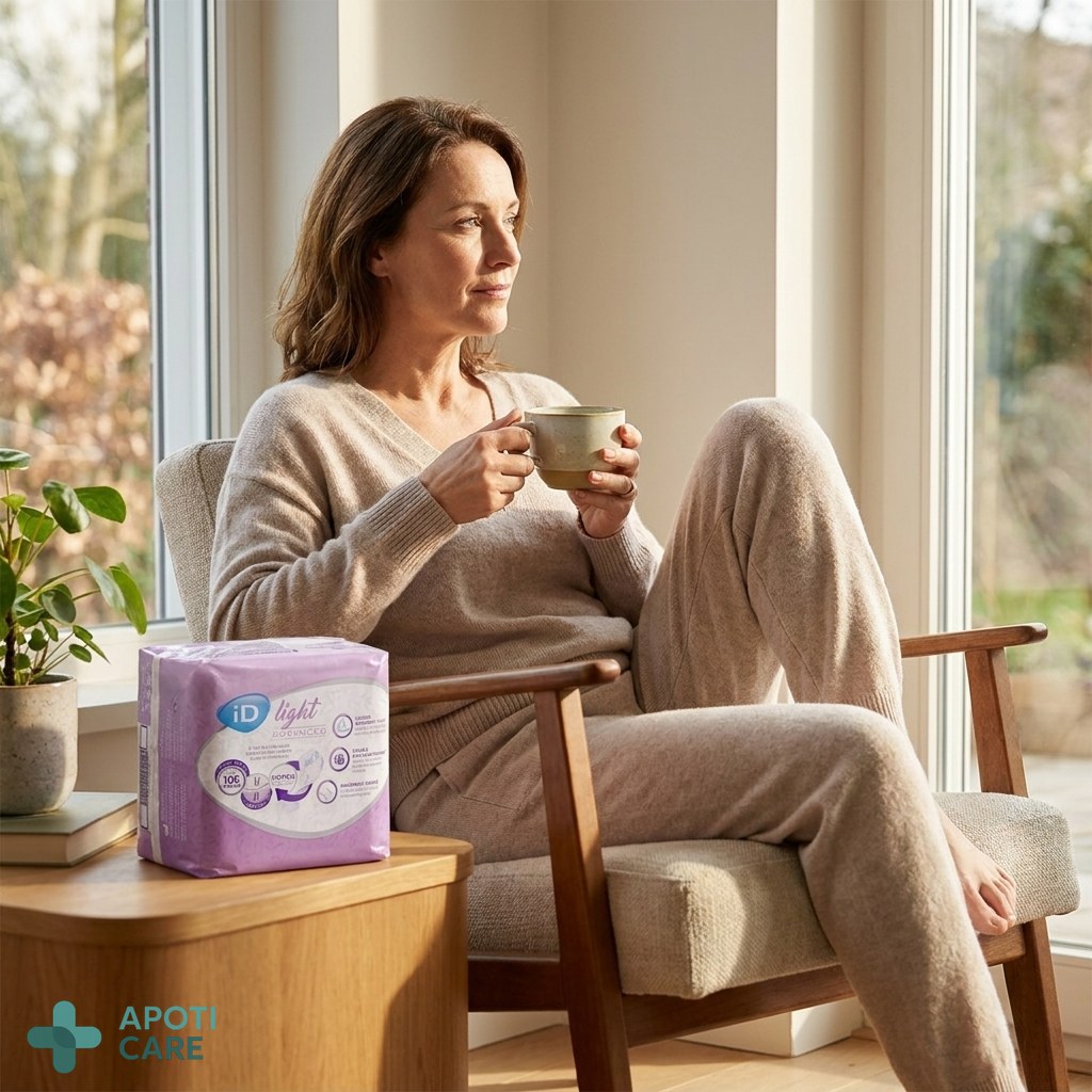Realistic photography of a serene woman in her late 40s sitting in a sunlit living room, holding a cup of herbal tea, looking thoughtfully out the window, soft natural lighting, high quality, professional lifestyle photography.
