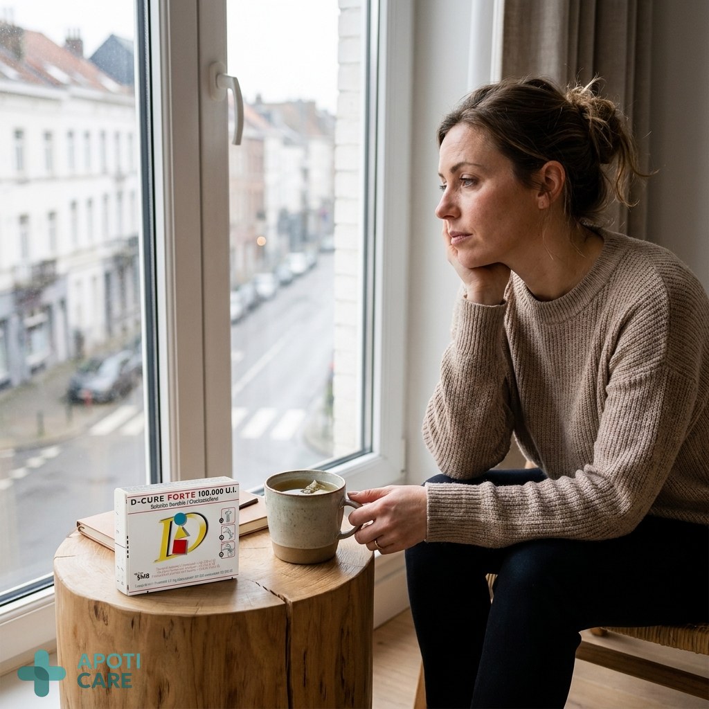 A tired professional adult sitting by a window on a cloudy day, looking thoughtfully outside, soft natural indoor lighting, high-quality lifestyle photography, realistic atmosphere.