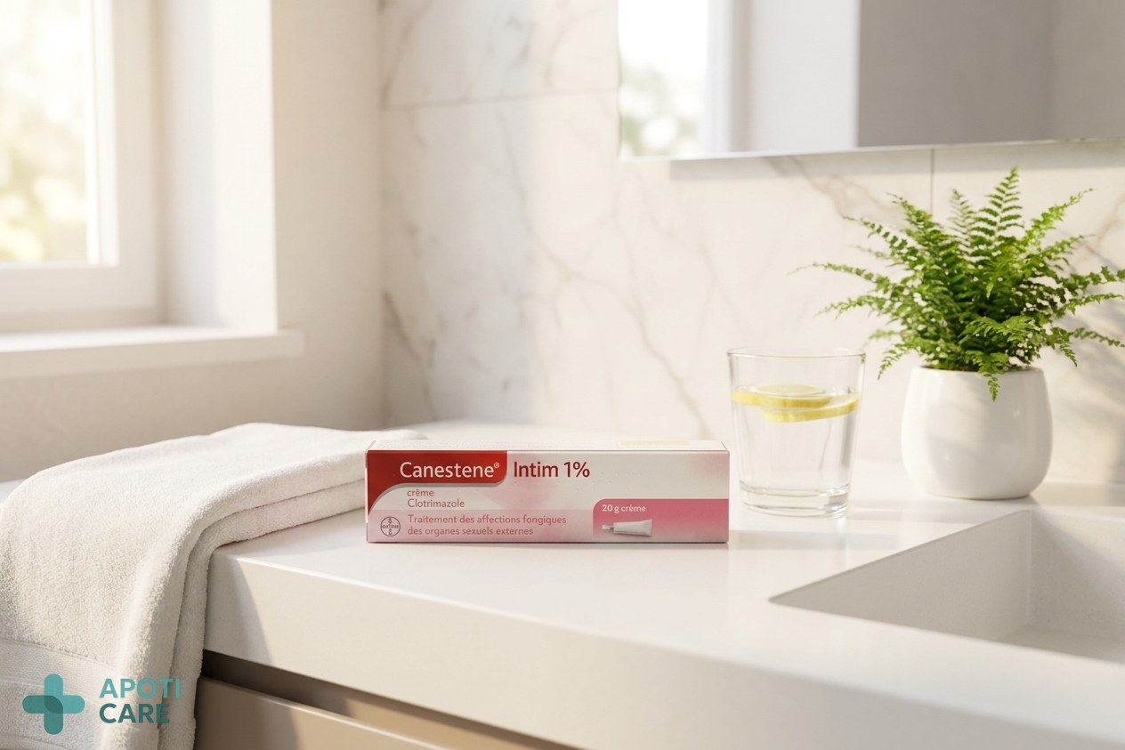Realistic photography of a clean, minimalist bathroom counter with a cotton towel, a glass of water, and a small green plant, soft natural morning light, high quality, professional healthcare blog style.