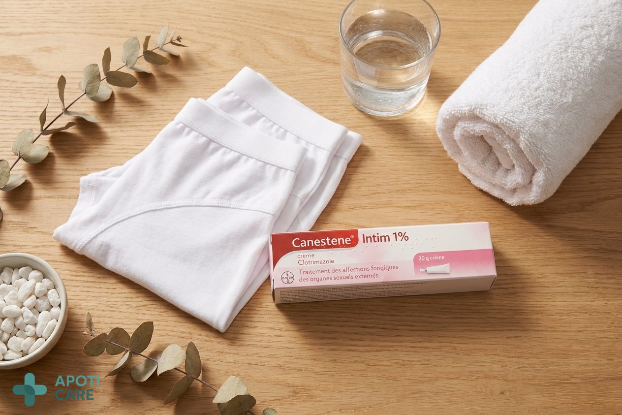A clean, minimalist flat lay of cotton underwear, a glass of water, and a soft towel on a light wooden surface, symbolizing hygiene and comfort.