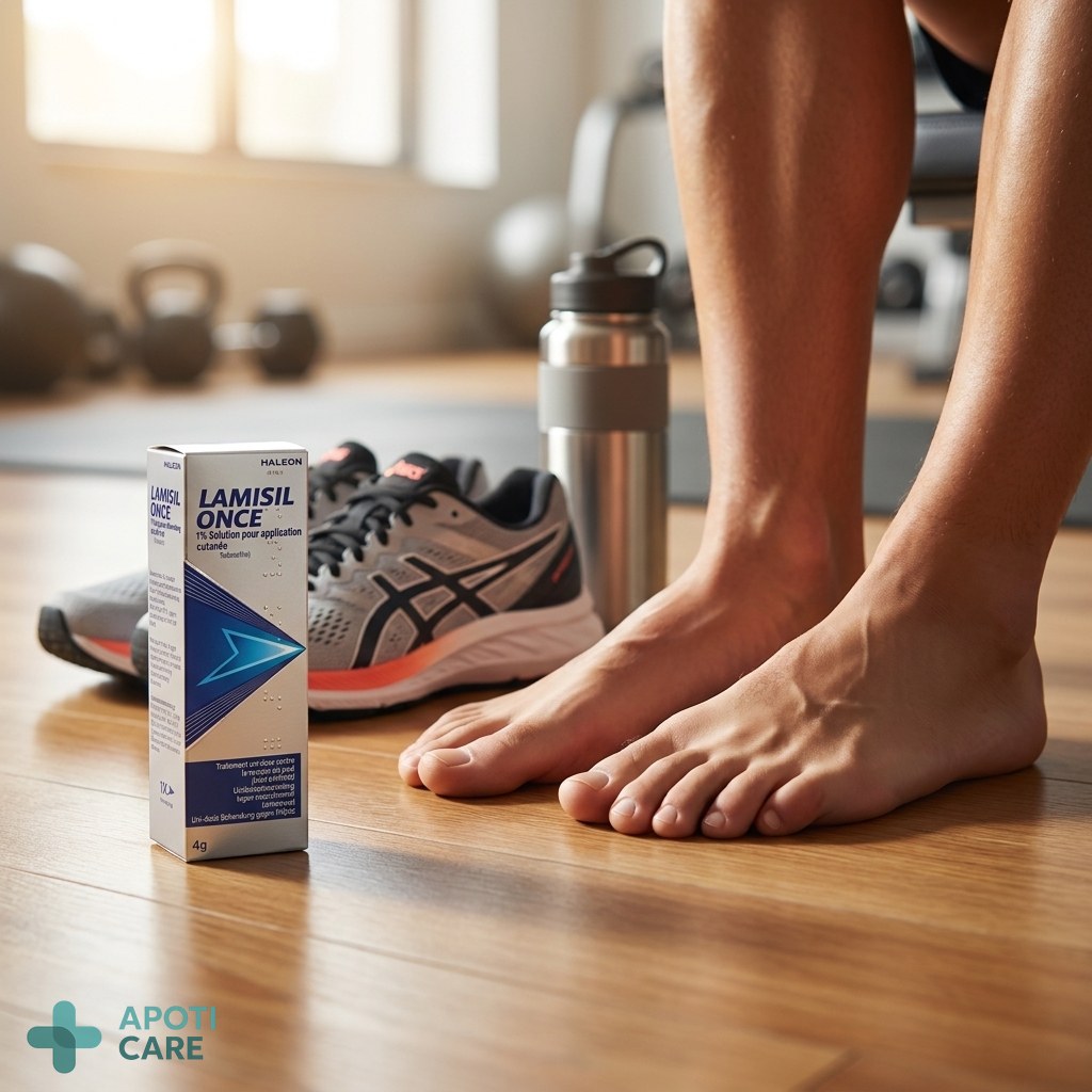 Realistic photography of a professional athlete's feet next to a pair of running shoes and a water bottle on a clean gym floor, soft natural lighting, high resolution.