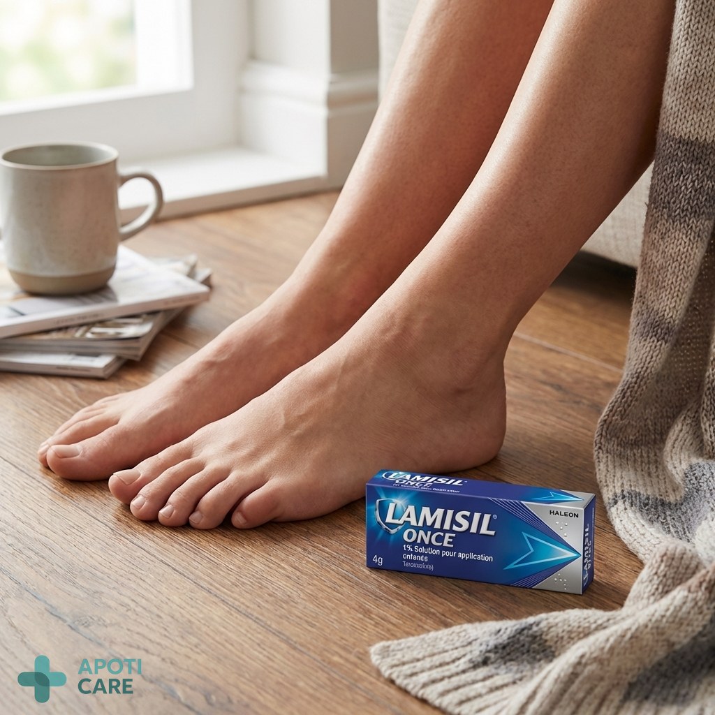 Realistic photography of a person's feet resting on a clean wooden floor, soft natural lighting, showing healthy skin, focus on the texture of the skin around the toes, no shoes, serene atmosphere.