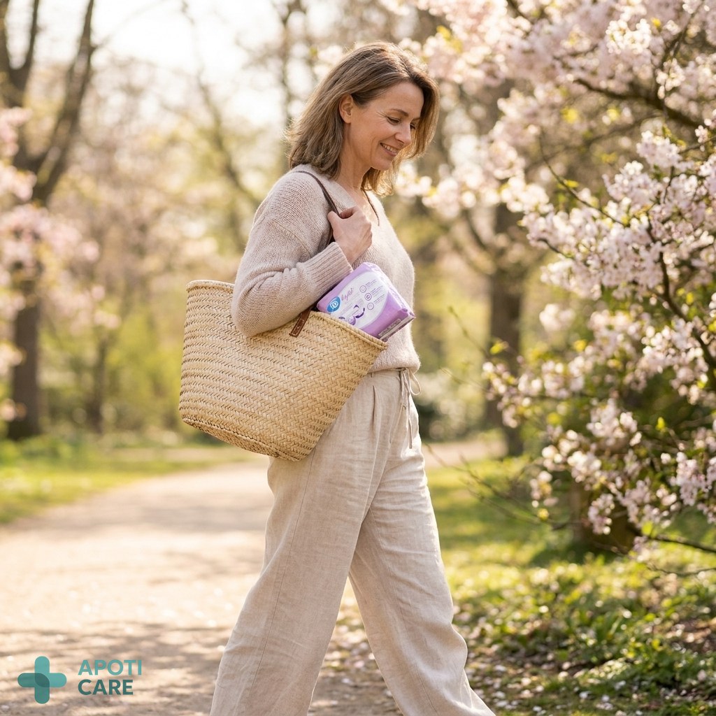 A serene woman in her late 40s or early 50s walking in a blooming park, wearing casual elegant clothes, soft natural morning light, realistic photography style.