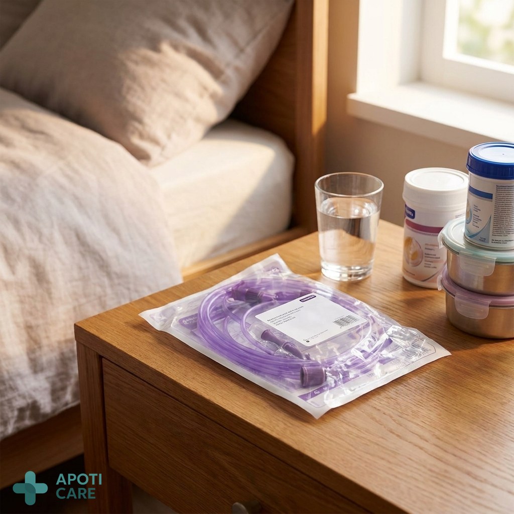 Realistic high-quality photography of a clean, organized home care environment with a focus on medical nutrition containers and a glass of water on a wooden bedside table, soft natural morning light.