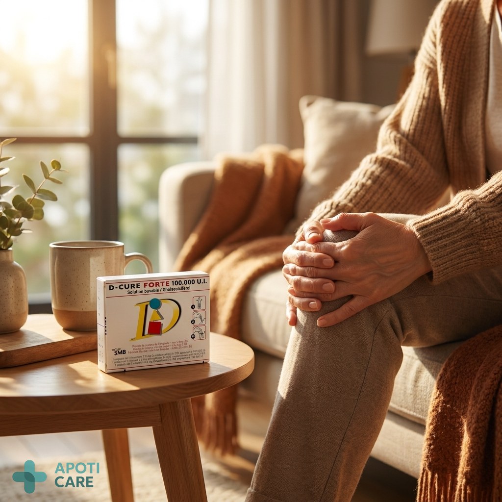 Close-up of a person stretching their hands or knees in a bright living room, warm morning light, realistic photography style, showing comfort and mobility.