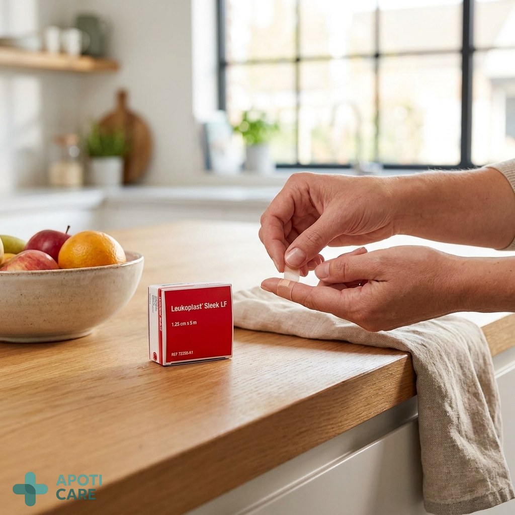 Realistic high-quality photography of a person's hands carefully applying a small bandage to a finger in a bright, clean domestic kitchen setting, focus on the skin texture and the care taken, soft natural lighting.