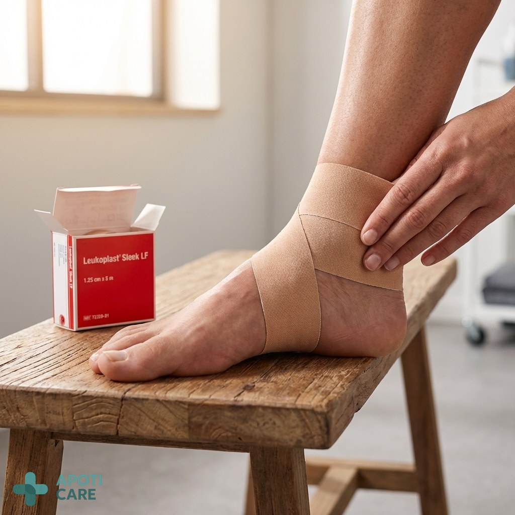 Close-up photography of a professional athlete's ankle being prepared with medical tape, neutral background, bright natural lighting, focus on the texture of the tape and skin.